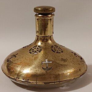 Vintage Nautical Brass Glass Decanter Anchor Wheel w/Lid Made in Sweden